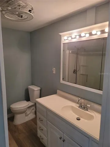 a bathroom with a sink mirror and toilet