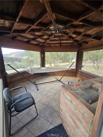 a kitchen with a large window