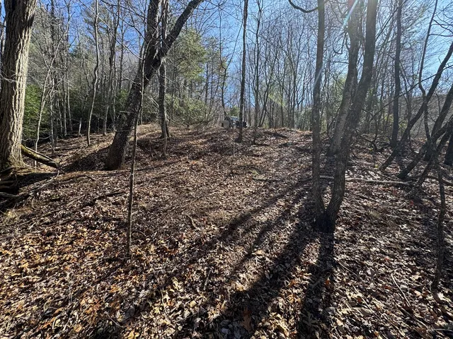 a view of a yard with wooden fence