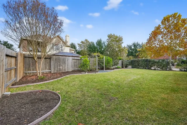 a view of a backyard with large trees