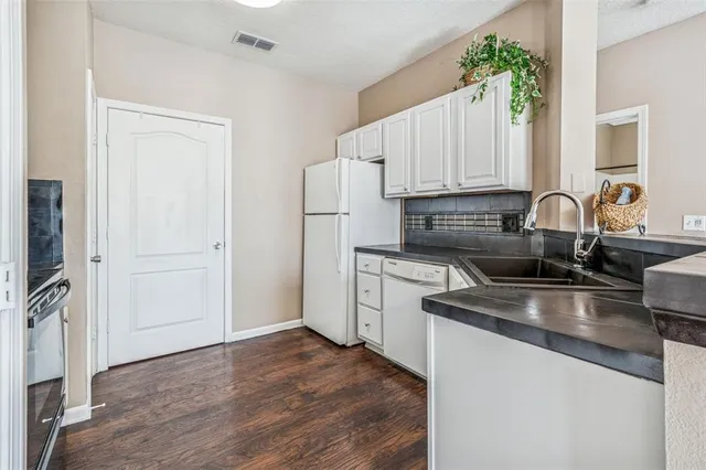 a kitchen with granite countertop a stove a refrigerator and a potted plant
