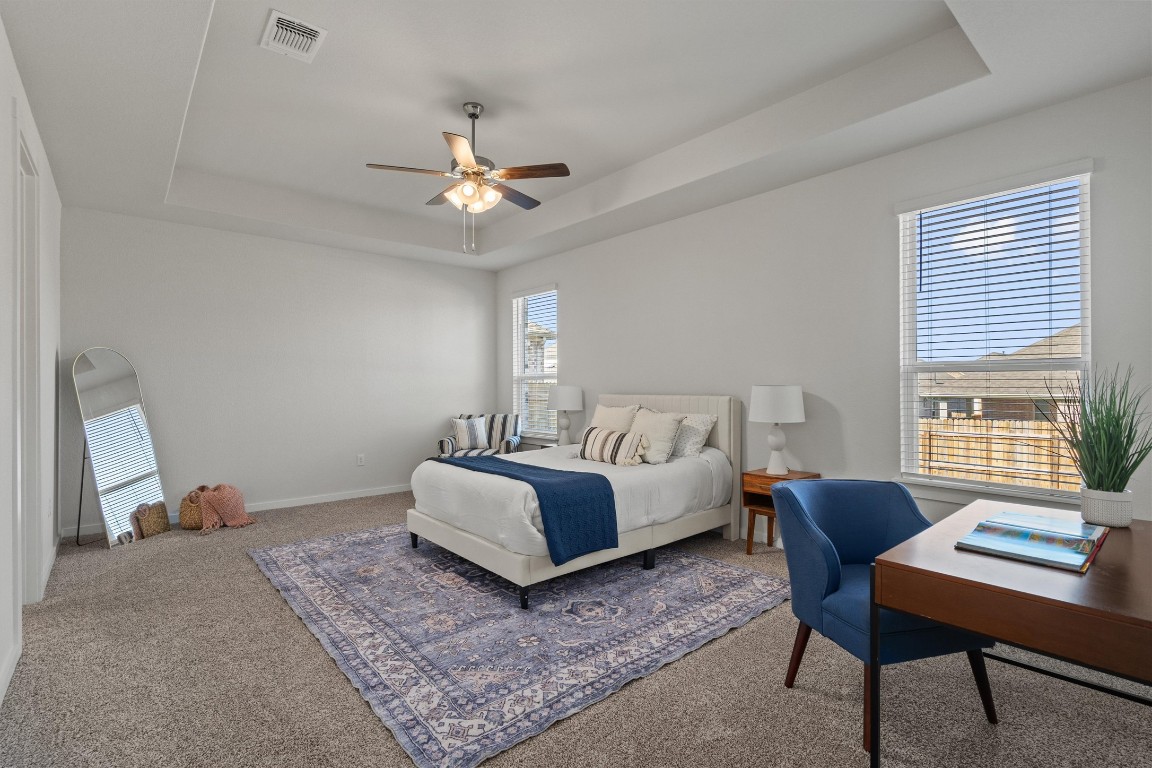 416 Deerpath Street Leander, TX 78641 - Photo 15 of 32 Spacious primary bedroom with a raised ceiling, ceiling fan
