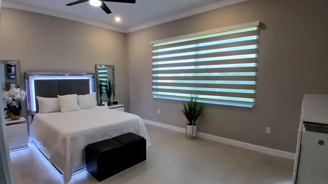 a bedroom with a bed and lamps