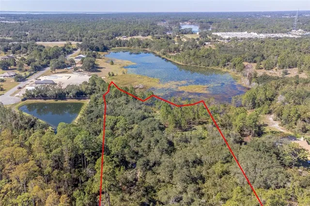 an aerial view of residential houses with outdoor space and trees