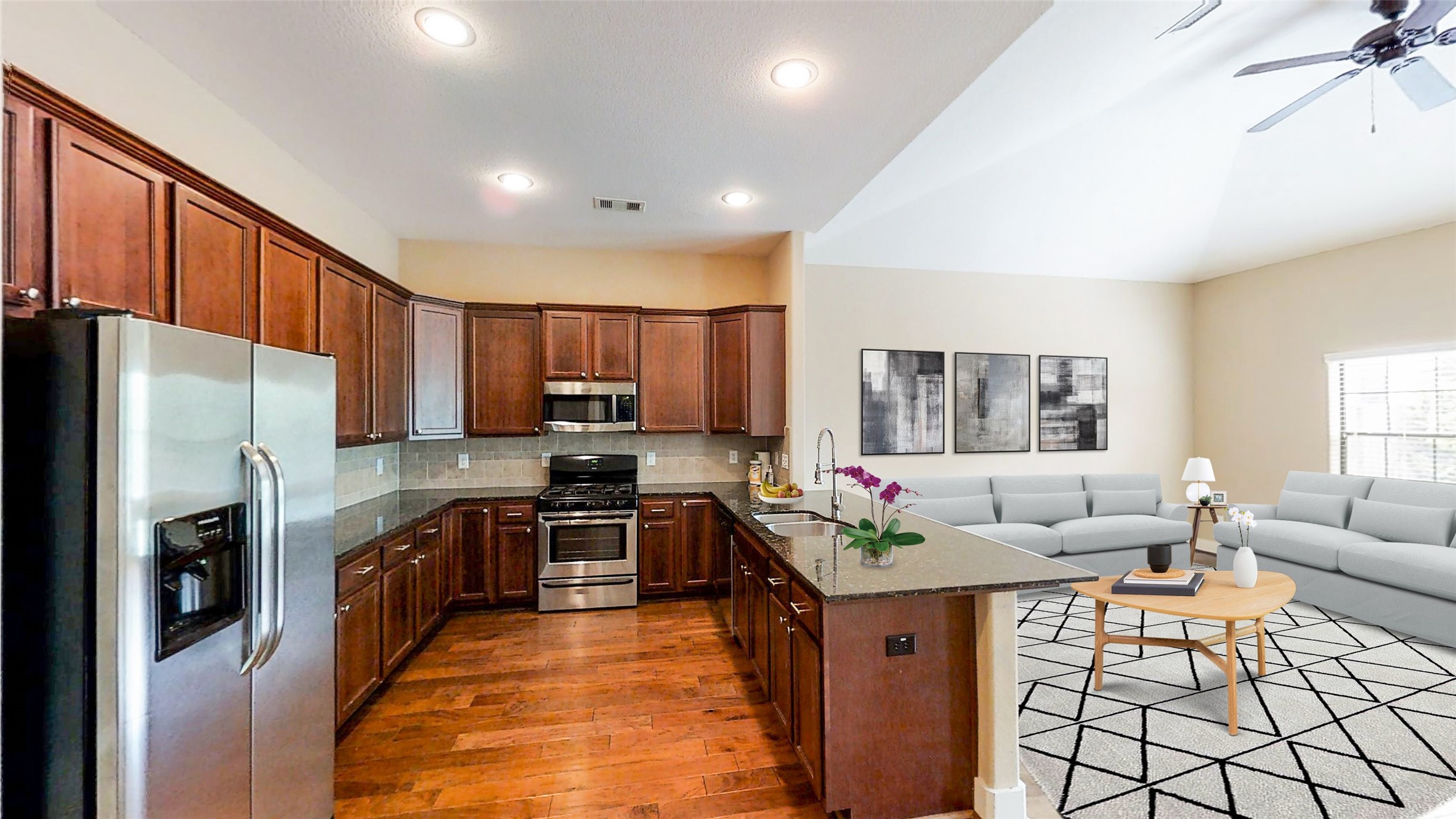 6057 Yale Street Houston, TX 77076 - Photo 21 of 49 a kitchen with stainless steel appliances granite countertop a refrigerator a stove a sink dishwasher a oven with white cabinets and couches
