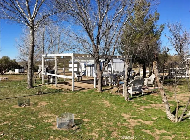 a white house covered with tall trees