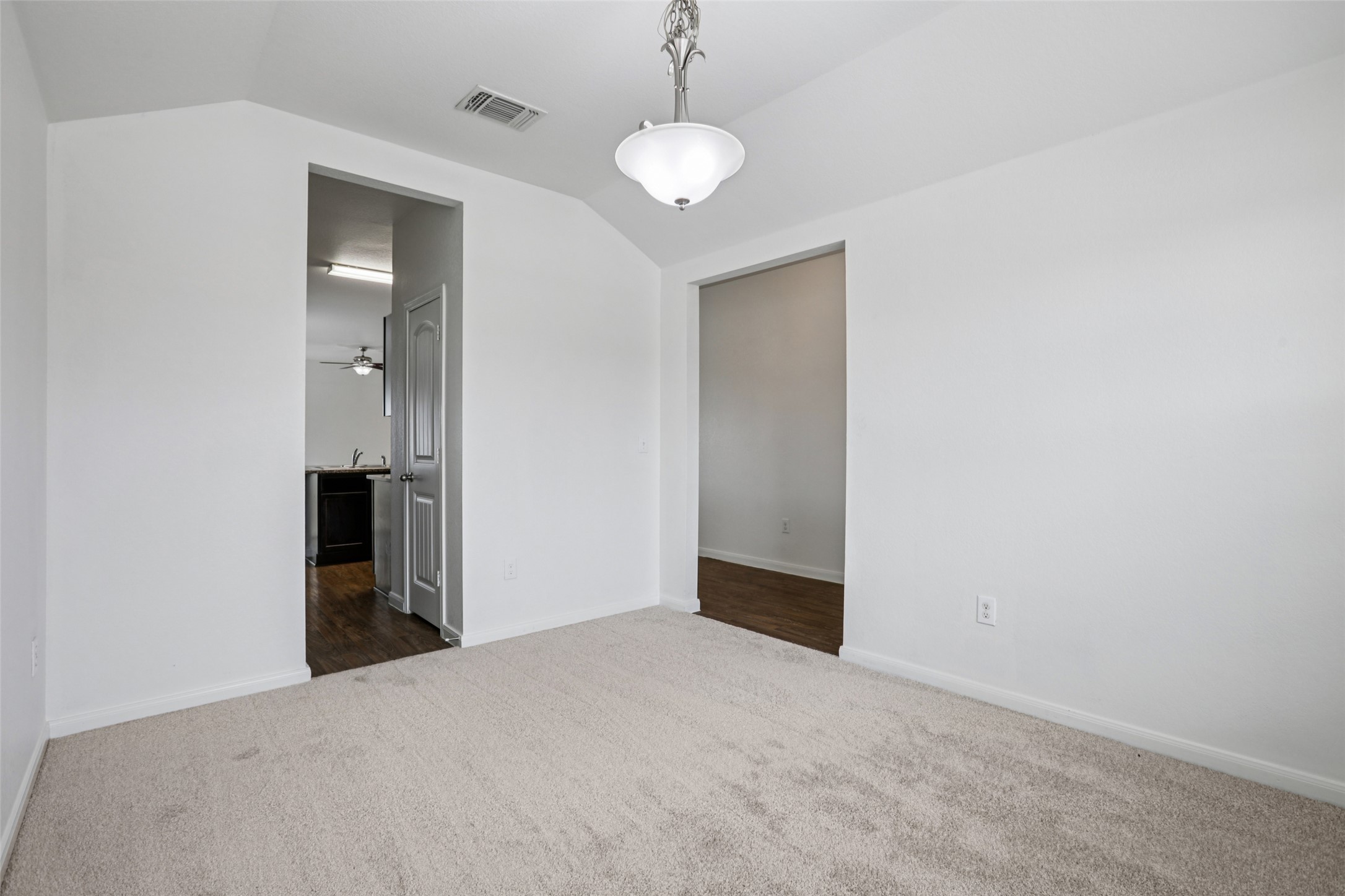 221 Alpha Kyle, TX 78640 - Photo 15 of 37 Unfurnished bedroom featuring lofted ceiling, dark carpet, and connected bathroom