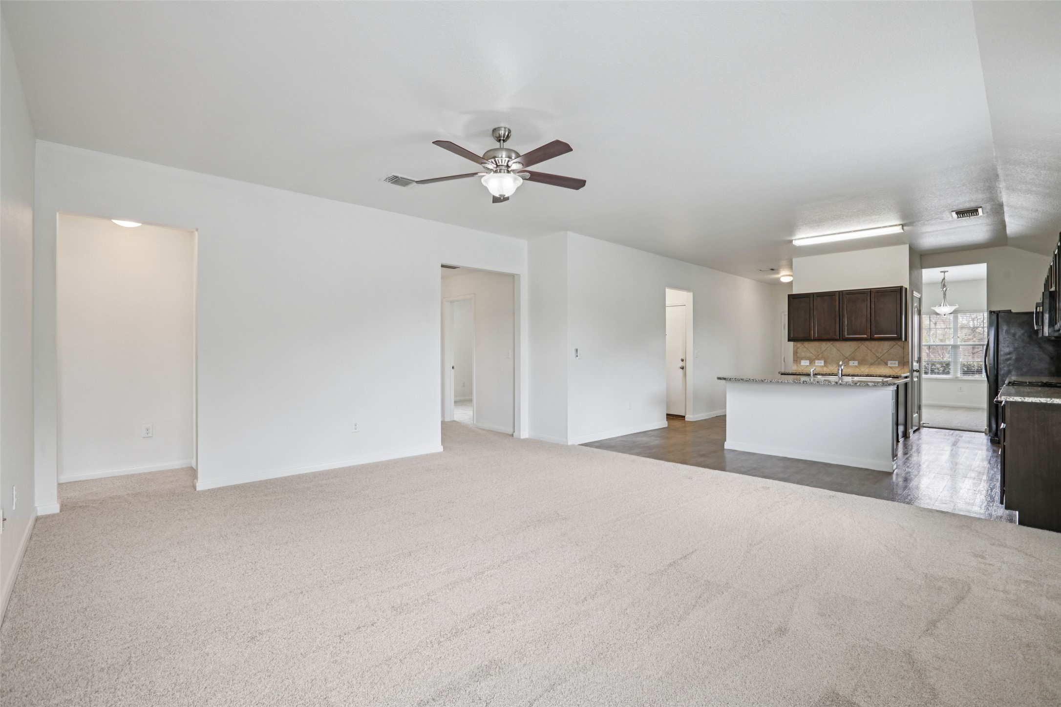 221 Alpha Kyle, TX 78640 - Photo 4 of 37 Unfurnished living room featuring a ceiling fan and dark colored carpet