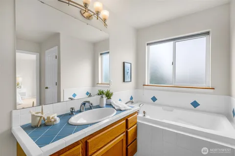 a bathroom with a tub sink and mirror