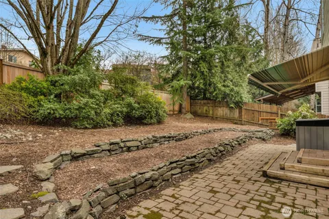 a view of a backyard with large trees