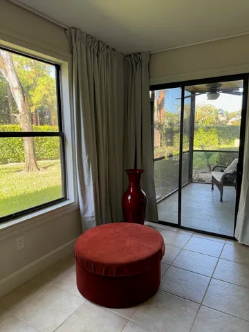 a living room with a large window