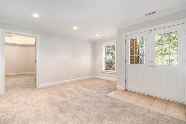 a view of a yard with plants and trees