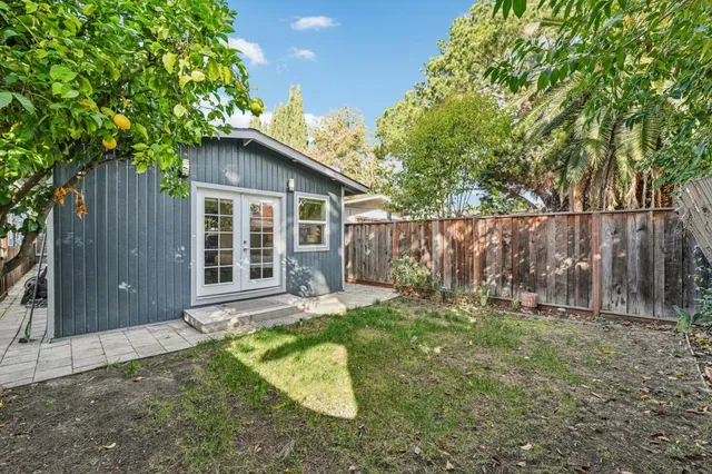 a view of backyard with a barn and a large cactus tree