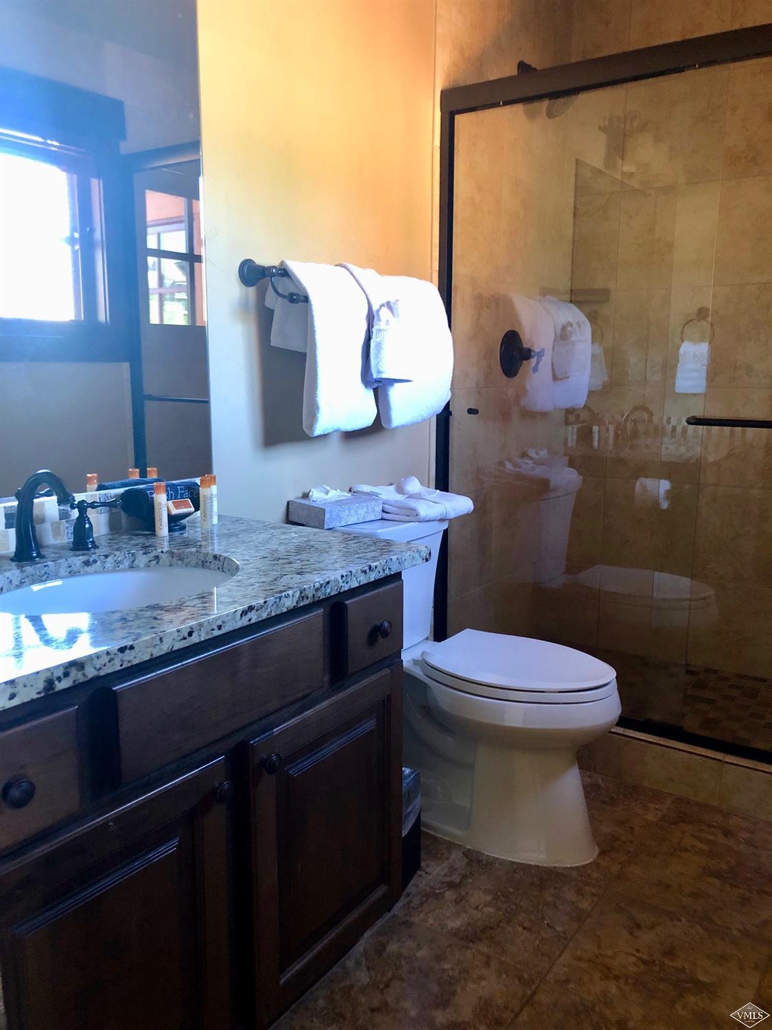 60 County Road, Unit 60A Silverthorne, CO 80497 - Photo 12 of 21 a bathroom with a granite countertop sink a toilet and shower