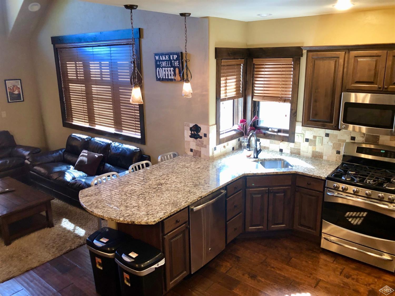 60 County Road, Unit 60A Silverthorne, CO 80497 - Photo 4 of 21 a kitchen with granite countertop a sink stainless steel appliances and cabinets