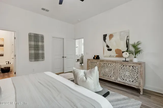 a view of a room with white racks