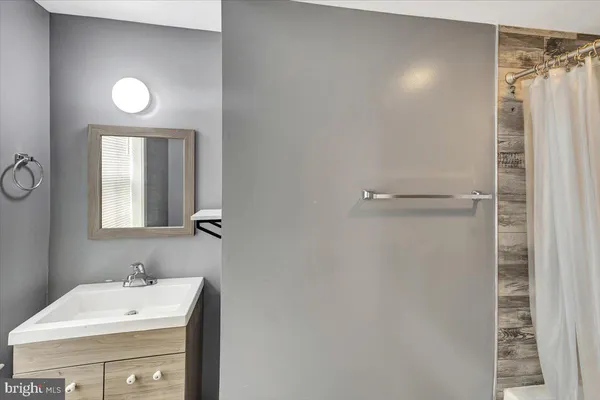 a bathroom with a shower and a wooden floor