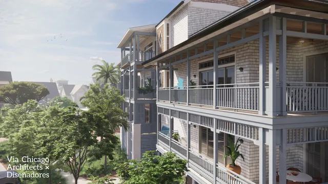 a front view of a building with a garden