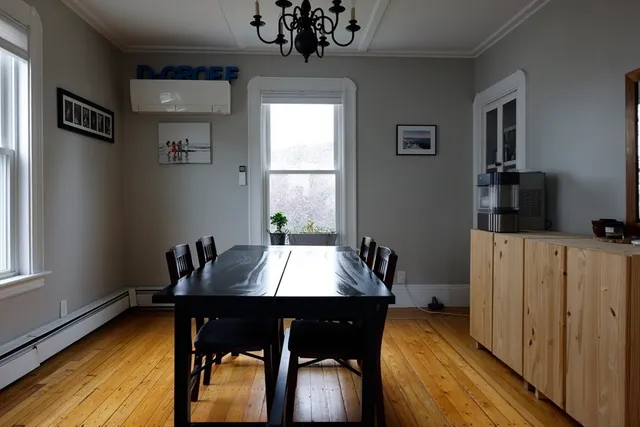 a view of a dining room with furniture and window