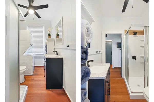 a view of a hallway with wooden floor windows and a living room