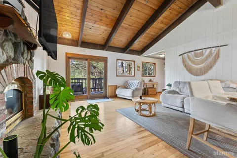 a living room with patio furniture and a potted plant