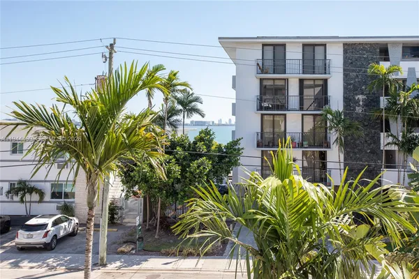 a street view with potted plants and more windows