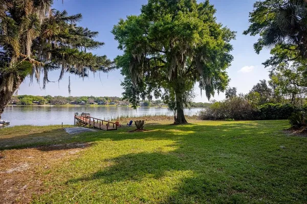 a view of a ocean with a big yard and large trees