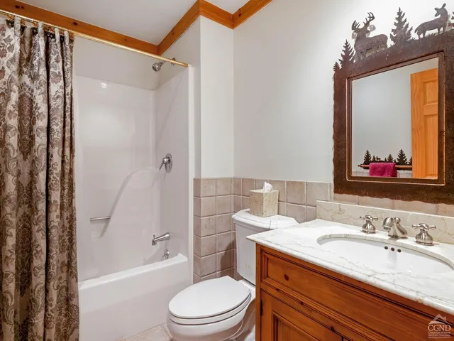 a bathroom with a sink a toilet and shower curtain
