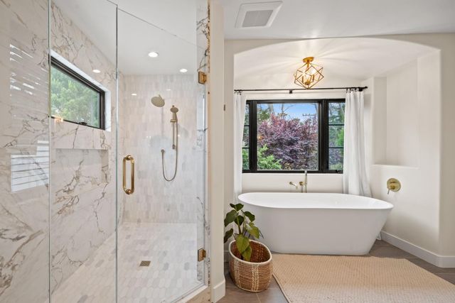 a bathroom with a bathtub and a shower
