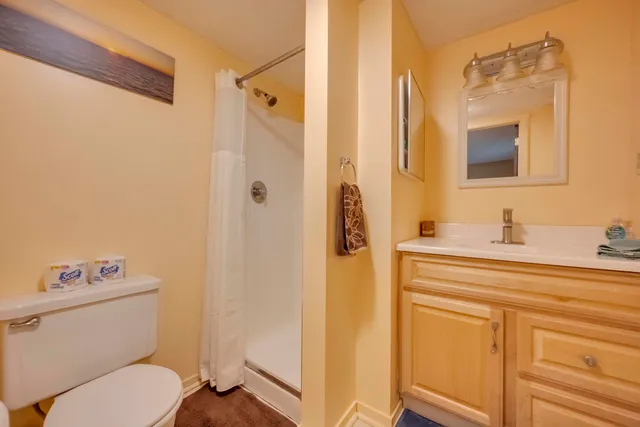 a bathroom with a sink a toilet and shower