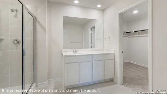 a bathroom with a sink a mirror and a shower