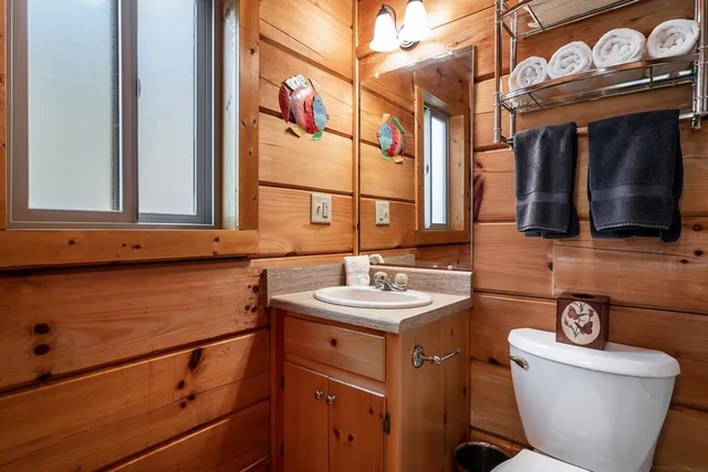 a bathroom with a toilet sink and mirror