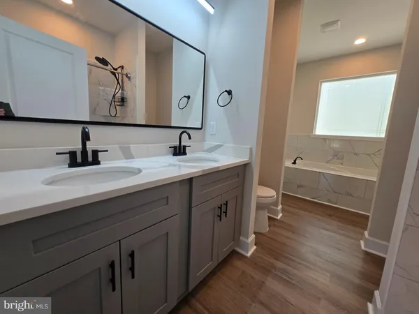 a bathroom with a double vanity sink a toilet and a mirror