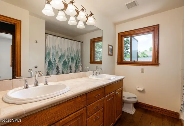 a bathroom with a double vanity sink and a mirror