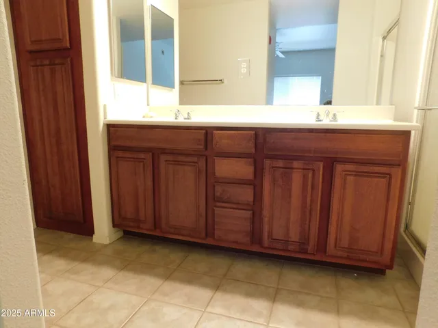 a bathroom with a sink a mirror and a shower