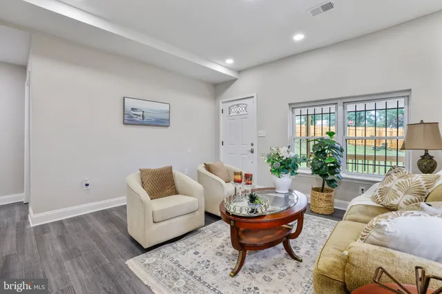 a living room with furniture and a potted plant