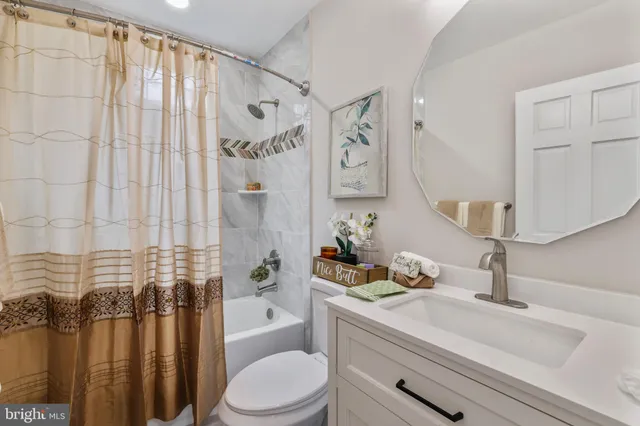 a bathroom with a sink a toilet and shower curtain