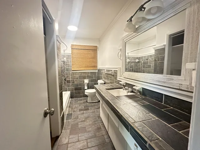 a bathroom with a toilet sink and mirror