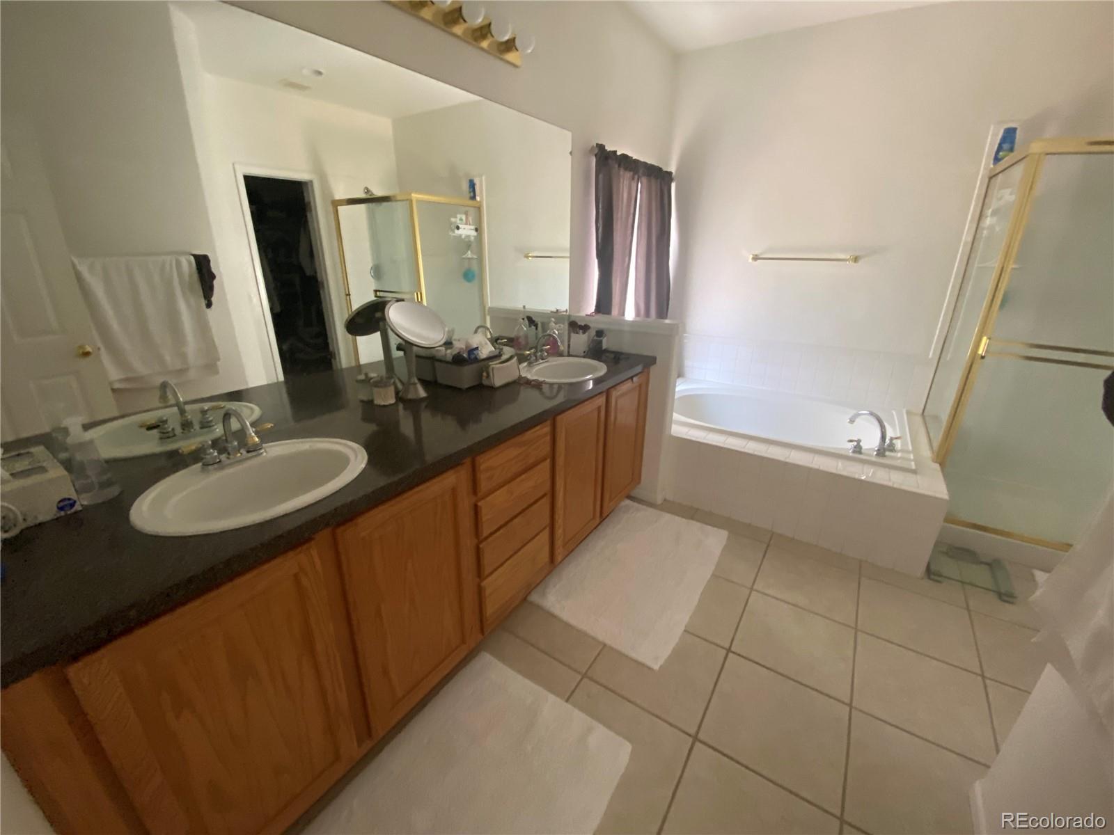 7100 Cerney Circle Castle Pines, CO 80108 - Photo 11 of 22 a bathroom with a double vanity sink a mirror and a bathtub