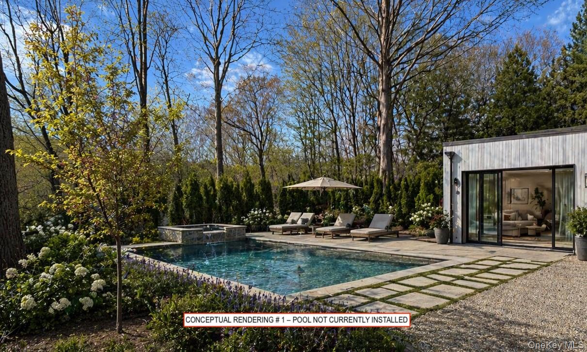 54 Cross Pond Road Pound Ridge, NY 10576 - Photo 34 of 49 Conceptual rendering illustrating a potential pool utilizing a portion of the existing heated six-car garage as a future pool house. Pool not currently installed. Subject to approvals and buyer verification.