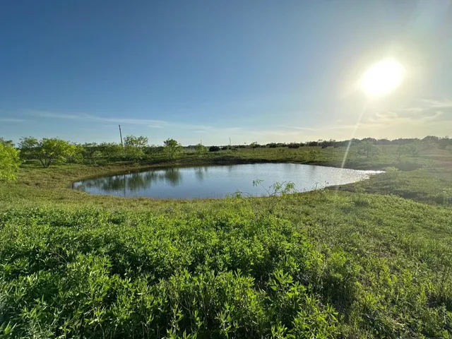 a view of a lake with houses in the back