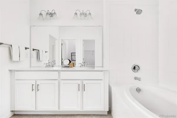 a bathroom with a tub sink and mirror