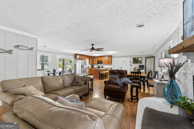 a living room with furniture or couch and a fireplace