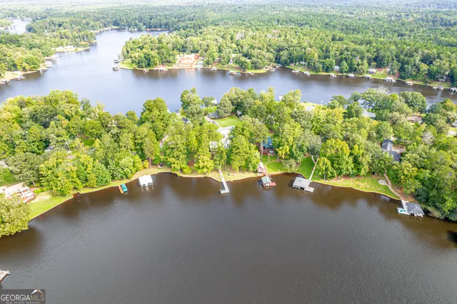 an aerial view of a house with a yard and lake view