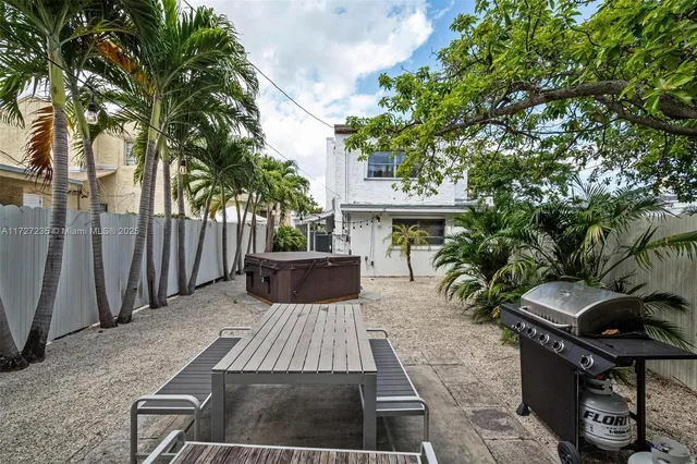 a view of a backyard with sitting area