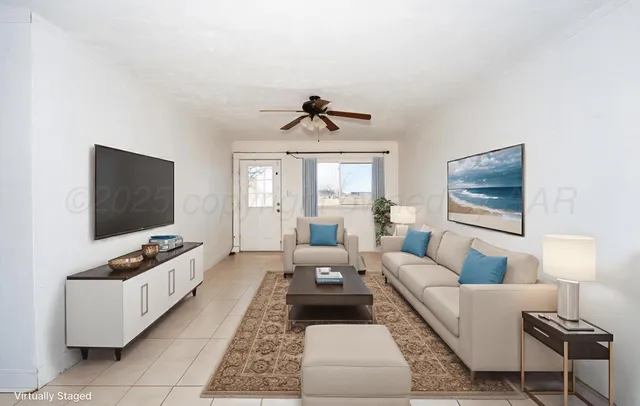 a view of a dining room with furniture