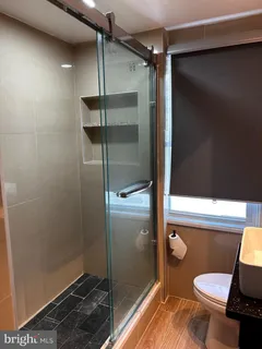 a bathroom with a shower and toilet