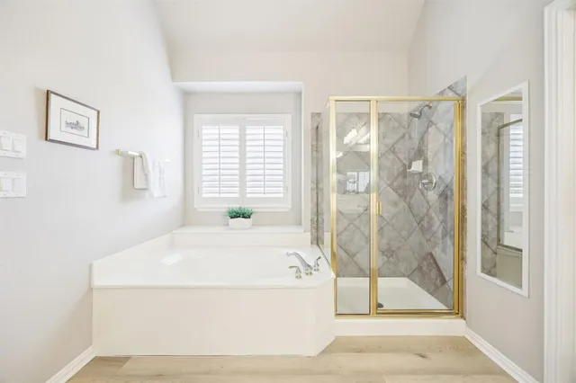 a bathroom with a bathtub and a shower