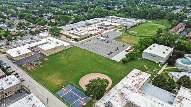aerial view of a house with a garden