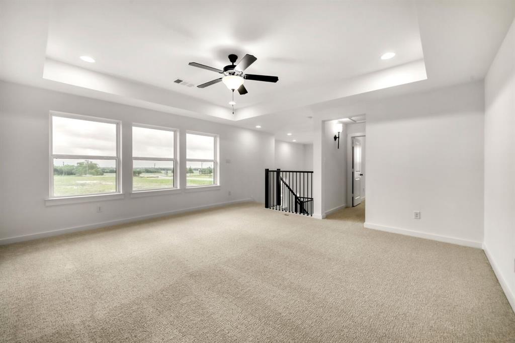 3420 Brocco Road Celina, TX 75009 - Photo 15 of 27 Recessed lighting, ceiling fan, tray ceiling, multiple windows, and carpet flooring